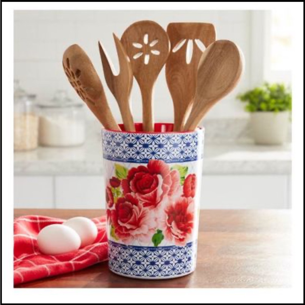 The Pioneer Woman 6-Piece Utensil Crock with Wood Tools